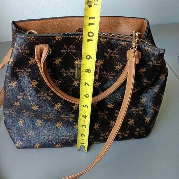 Beverly Hills Polo Crossbody Handbag‎ Brown Tan Faux Leather Preppy Countryside - Picture 13 of 15